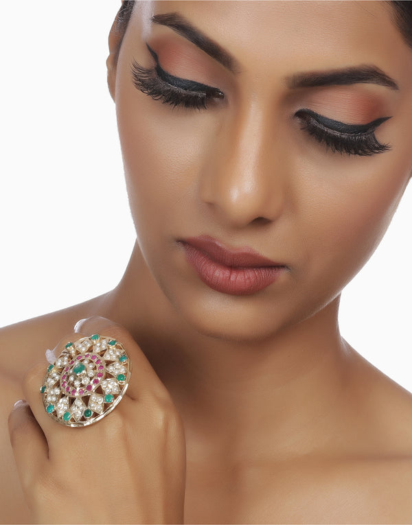 Red & Green Bani Jadau Ring