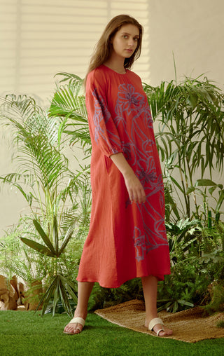 Be-Blu-Francesca Red Purple Embroidered Midi Dress-INDIASPOPUP.COM