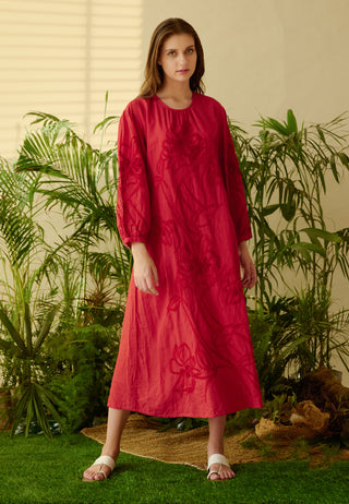 Be-Blu-Francesca Red Embroidered Midi Dress-INDIASPOPUP.COM