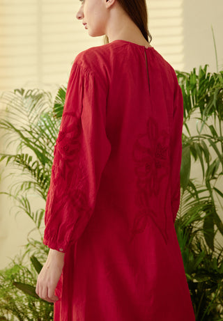 Be-Blu-Francesca Red Embroidered Midi Dress-INDIASPOPUP.COM
