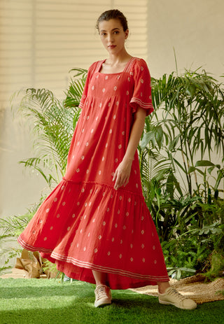 Be-Blu-Gracia Red Cotton Embroidered Midi Dress-INDIASPOPUP.COM