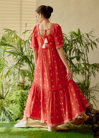 Be-Blu-Gracia Red Cotton Embroidered Midi Dress-INDIASPOPUP.COM