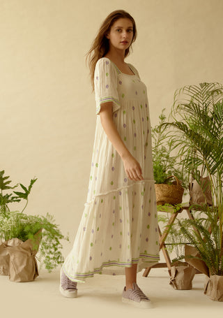 Be-Blu-Gracia White Cotton Embroidered Midi Dress-INDIASPOPUP.COM