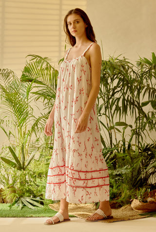 Be-Blu-Guilia Ivory Red Embroidered Midi Dress-INDIASPOPUP.COM