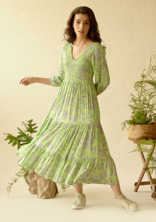 Be-Blu-Hazel Green Printed Midi Dress-INDIASPOPUP.COM