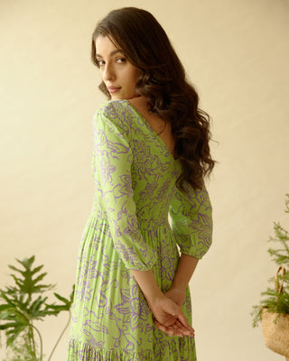 Be-Blu-Hazel Green Printed Midi Dress-INDIASPOPUP.COM