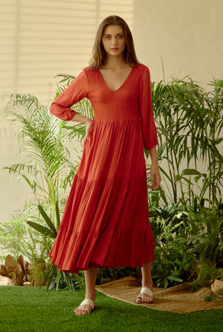 Be-Blu-Hazel Red Tencel Midi Dress-INDIASPOPUP.COM