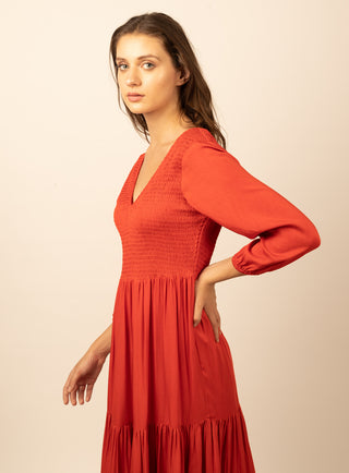 Be-Blu-Hazel Red Tencel Midi Dress-INDIASPOPUP.COM