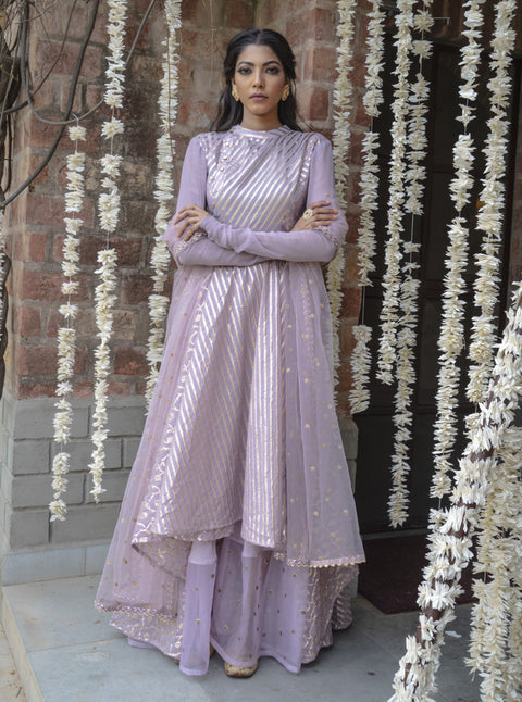 Mauve Anarkali With Organza Palazzo