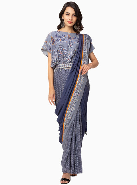 Soup By Sougat Paul-Powder Blue Saree And Top-INDIASPOPUP.COM