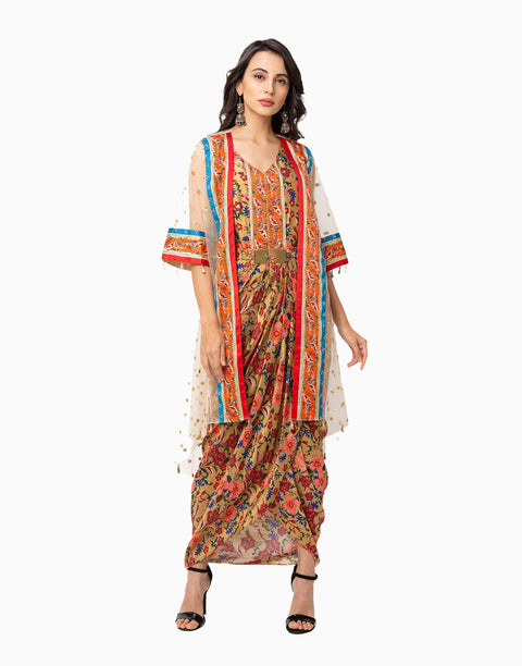 Soup By Sougat Paul-Yellow And Offwhite Dress With Jacket-INDIASPOPUP.COM