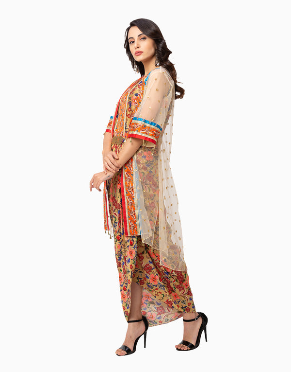 Soup By Sougat Paul-Yellow And Offwhite Dress With Jacket-INDIASPOPUP.COM