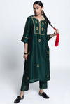 Label Earthen-Emerald Green Silk Embroidered Kurta Set-INDIASPOPUP.COM