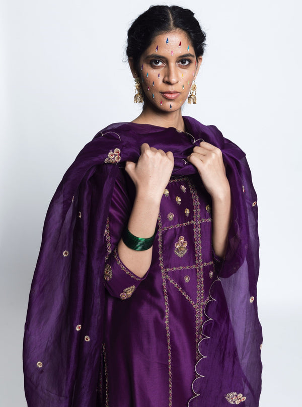 Label Earthen-Voilet Silk & Zardozi Kurta Set-INDIASPOPUP.COM