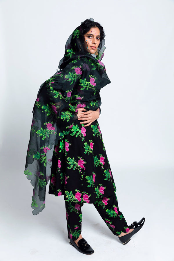 Label Earthen-Black Printed Mulmul Cotton Kurta Set-INDIASPOPUP.COM