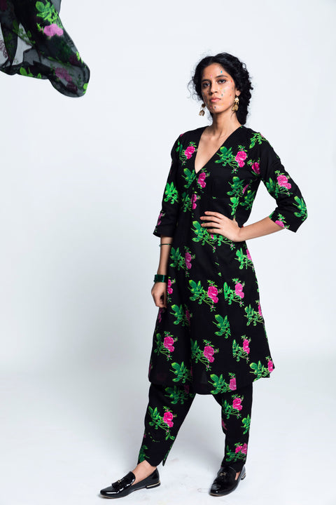 Label Earthen-Black Printed Mulmul Cotton Kurta Set-INDIASPOPUP.COM