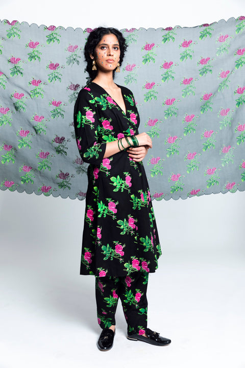 Label Earthen-Black Printed Mulmul Cotton Kurta Set-INDIASPOPUP.COM