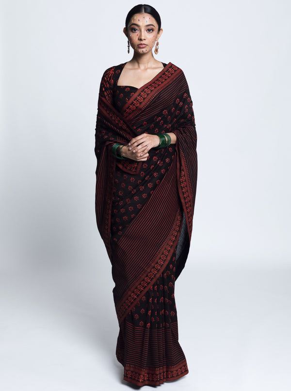 Label Earthen-Black Unai Printed Chanderi Silk Sari-INDIASPOPUP.COM