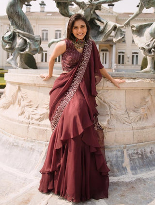 Purple Chiffon Ruffled Saree