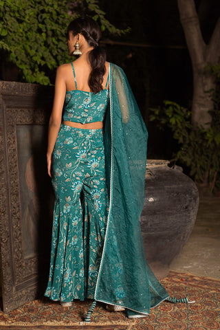 Chhavvi Aggarwal-Teal Sharara Crop Blouse & Dupatta-INDIASPOPUP.COM