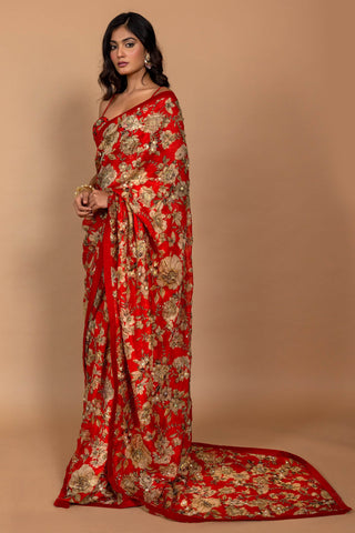 Varun Bahl-Red Floral Printed Sari Set-INDIASPOPUP.COM