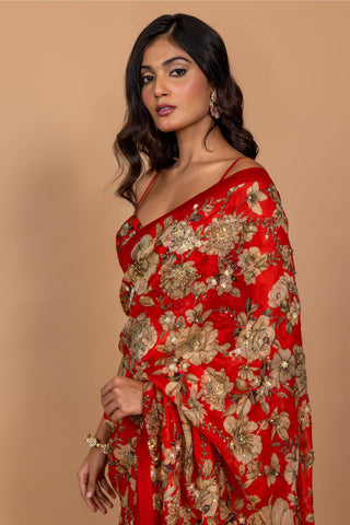 Varun Bahl-Red Floral Printed Sari Set-INDIASPOPUP.COM