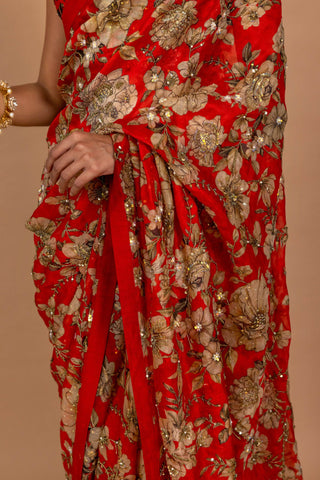 Varun Bahl-Red Floral Printed Sari Set-INDIASPOPUP.COM