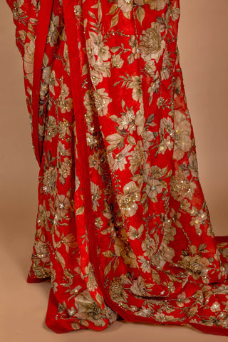 Varun Bahl-Red Floral Printed Sari Set-INDIASPOPUP.COM