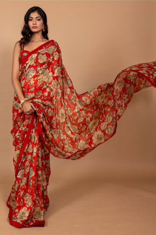 Varun Bahl-Red Floral Printed Sari Set-INDIASPOPUP.COM