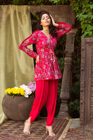 Chhavvi Aggarwal-Red Printed Tunic With Dhoti Pants-INDIASPOPUP.COM