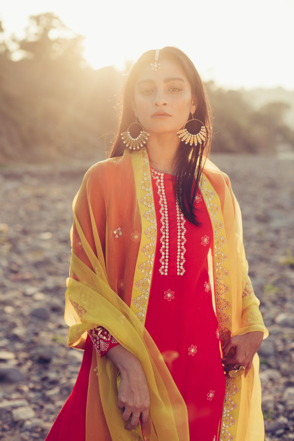Madsam Tinzin-Poppy Red & Olive Short Kurta Set-INDIASPOPUP.COM