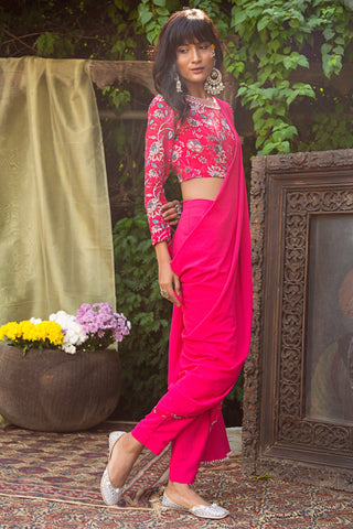 Chhavvi Aggarwal-Red Printed Blouse With Pant Saree-INDIASPOPUP.COM