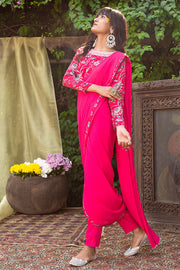Chhavvi Aggarwal-Red Printed Blouse With Pant Saree-INDIASPOPUP.COM