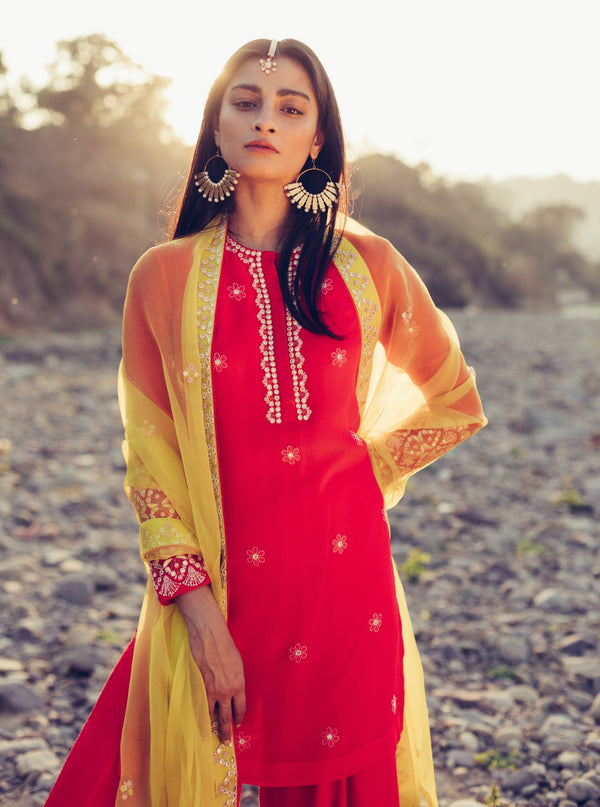 Madsam Tinzin-Poppy Red & Olive Short Kurta Set-INDIASPOPUP.COM