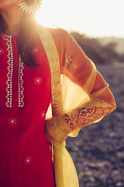 Madsam Tinzin-Poppy Red & Olive Short Kurta Set-INDIASPOPUP.COM