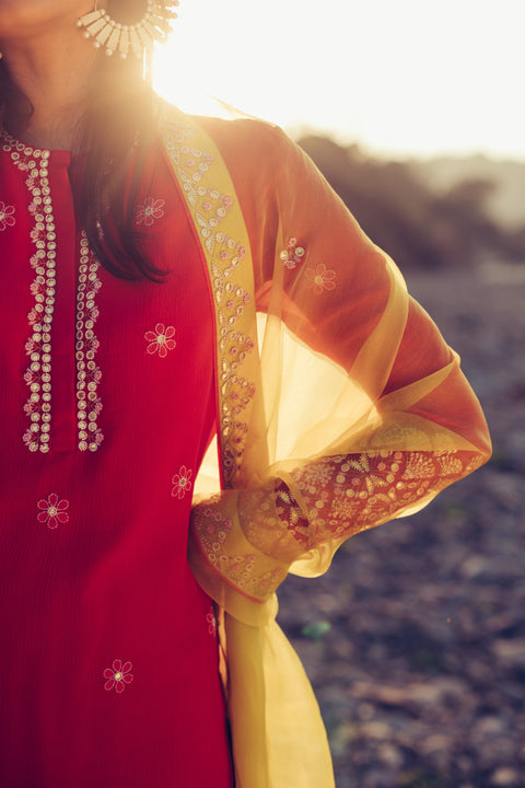 Madsam Tinzin-Poppy Red & Olive Short Kurta Set-INDIASPOPUP.COM