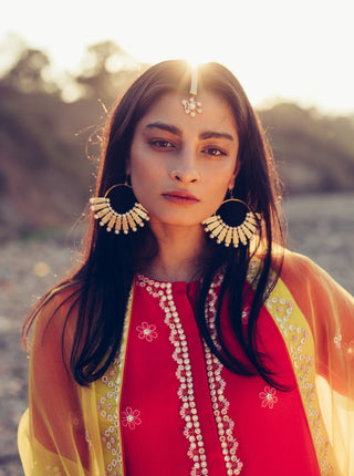 Madsam Tinzin-Poppy Red & Olive Short Kurta Set-INDIASPOPUP.COM