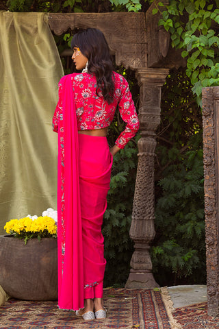 Chhavvi Aggarwal-Red Printed Blouse With Pant Saree-INDIASPOPUP.COM