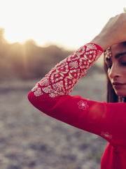 Madsam Tinzin-Poppy Red & Olive Short Kurta Set-INDIASPOPUP.COM