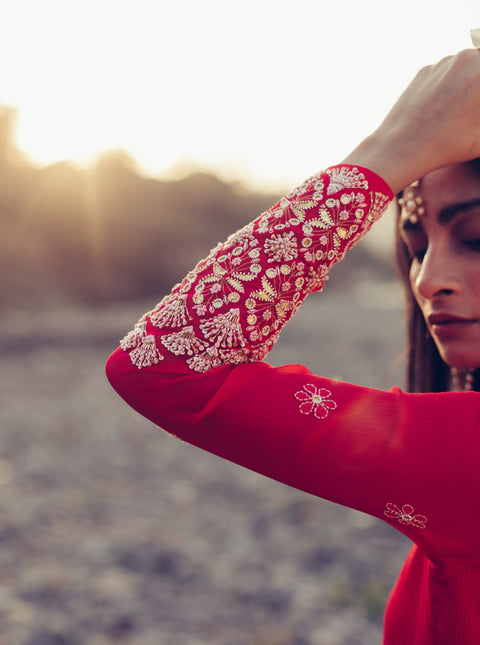 Madsam Tinzin-Poppy Red & Olive Short Kurta Set-INDIASPOPUP.COM