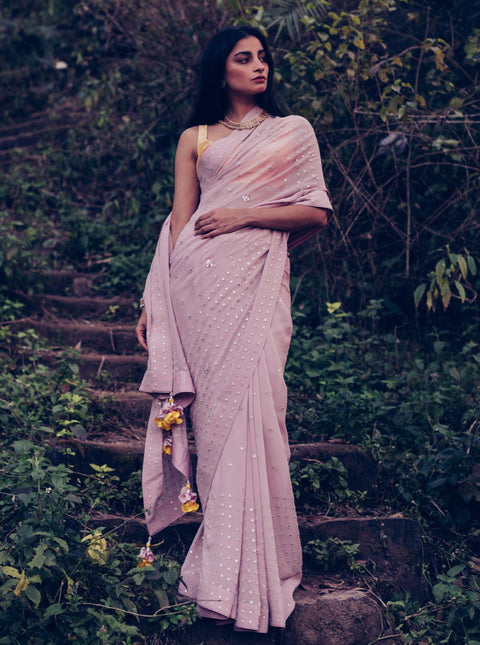Madsam Tinzin-Mauve & Yellow Saree With Blouse-INDIASPOPUP.COM
