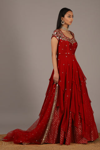 Nidhika Shekhar-Red Layered Lehenga Set-INDIASPOPUP.COM