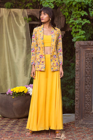 Chhavvi Aggarwal-Yellow Blazer With Crop Top & Palazzo-INDIASPOPUP.COM