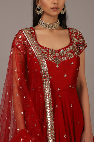 Nidhika Shekhar-Red Layered Lehenga Set-INDIASPOPUP.COM