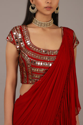 Nidhika Shekhar-Red Draped Ruffle Saree Set-INDIASPOPUP.COM