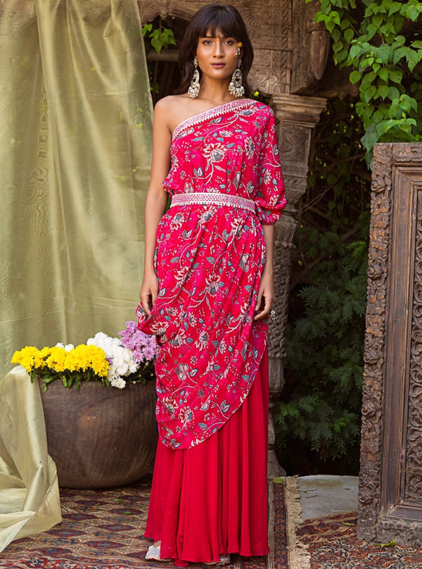 Chhavvi Aggarwal-Red One Shoulder Top With Palazzo & Belt-INDIASPOPUP.COM
