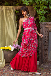 Chhavvi Aggarwal-Red One Shoulder Top With Palazzo & Belt-INDIASPOPUP.COM