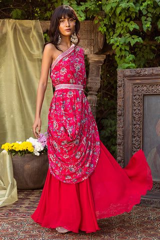 Chhavvi Aggarwal-Red One Shoulder Top With Palazzo & Belt-INDIASPOPUP.COM