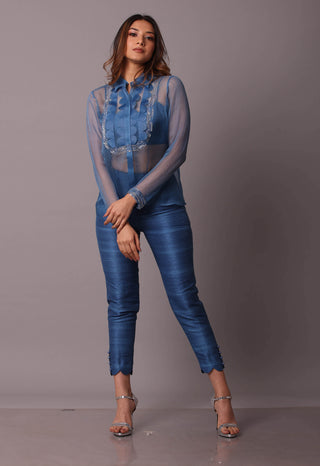 Disha Patil-Cobalt Blue Shirt With Bustier And Pant-INDIASPOPUP.COM