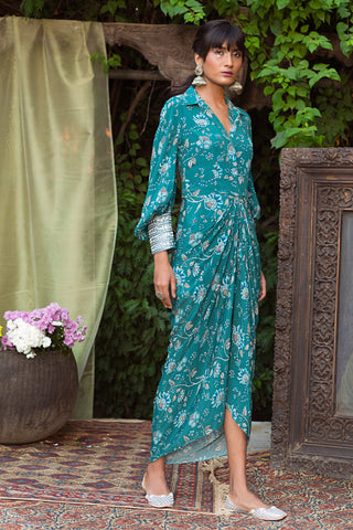 Chhavvi Aggarwal-Teal Draped Dress-INDIASPOPUP.COM